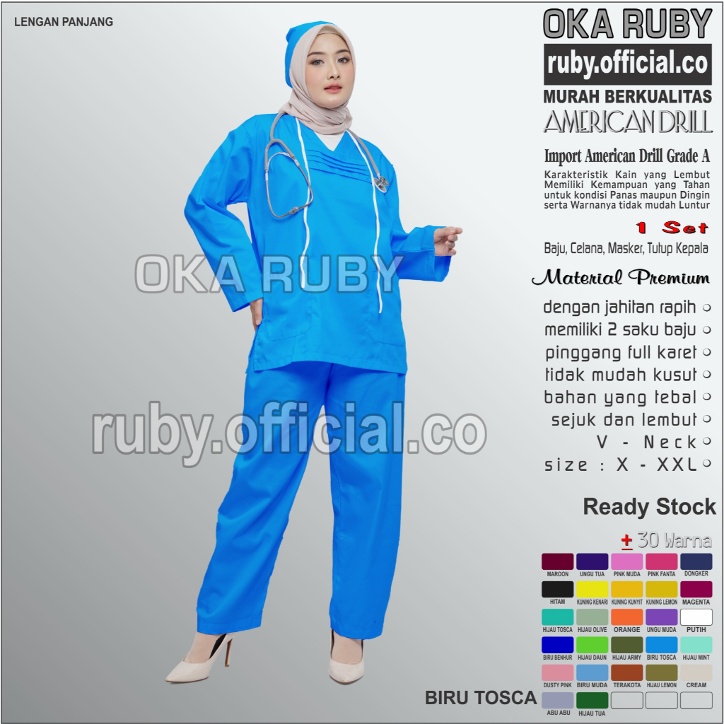 Biru Tosca/ Baju Oka/ Baju Ok/ Baju Perawat/ Baju jaga/ Baju Dokter/ Baju Scrub Lengan PANJANG