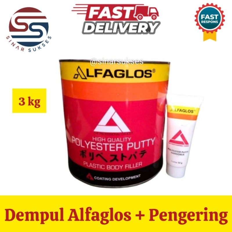 Dempul Alfaglos + Obat/Hardener, Alfagloss Alfa Dempul Mobil, Kayu, Plastik, Logam