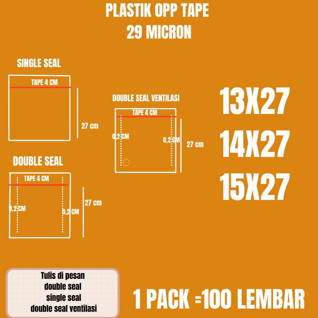 PLASTIK OPP TAPE 29 MICRON / 100 LEMBAR / 06 || 13X27 || 14X27 || 15X27 || 16X27 ||