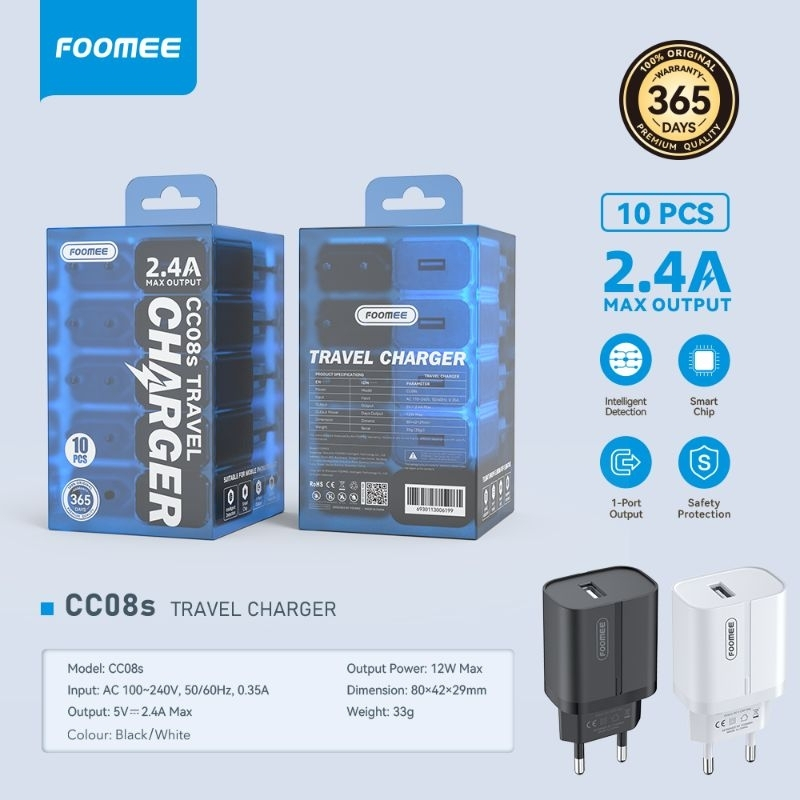 FOOMEE CC08/CC08s/CA12/CQ08/CF06/CF16/CF26/CF36 TRAVEL CHARGER(1BOX ISI 10PCS) 1 USB 2.4A/3A  12W/18