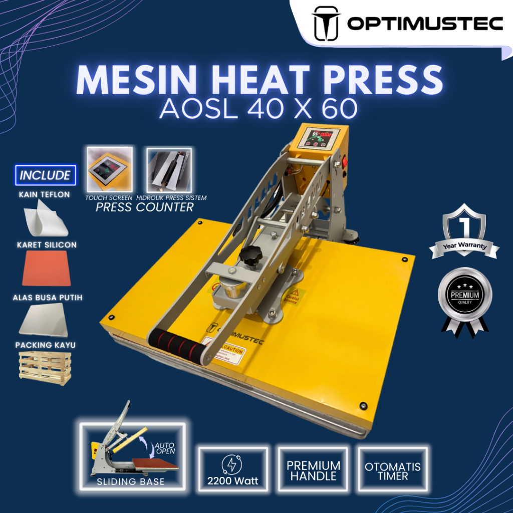 OPTIMUSTEC Mesin Press Sablon Kaos AOSL 40x60 2200 Watt Otomatis Auto Open + Sliding