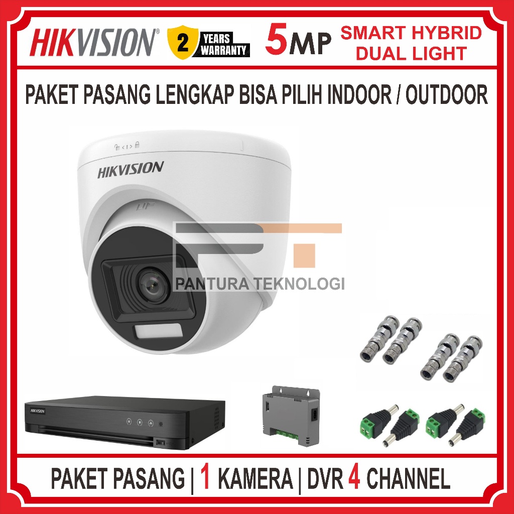 PAKET CCTV 1 KAMERA HIKVISION 5MP SMART DUAL LIGHT DVR 4 CHANNEL HUHI UP TO 8 MP LENGKAP SIAP PASANG