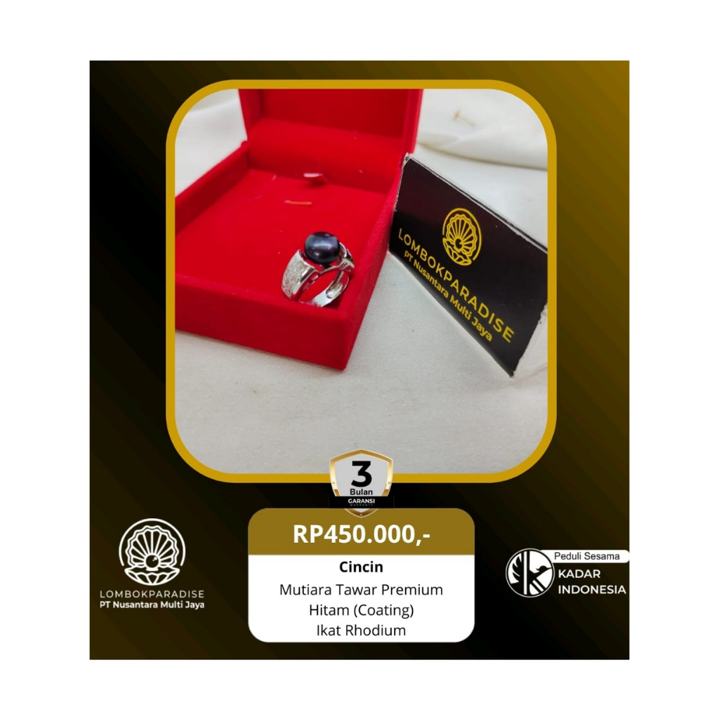 Aksesoris Perhiasan Cincin Mutiara Premium Hitam (Coating) Ikat Rhodium Lombok Paradise