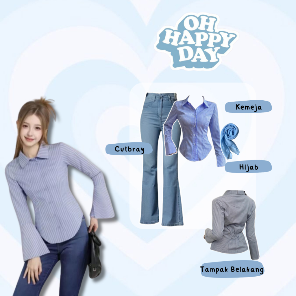 Oneset Casual Wanita 3in1 | Celana Cutbray Jeans Blue  + Kemeja Fitted Salur Biru + Hijab Bella Squa