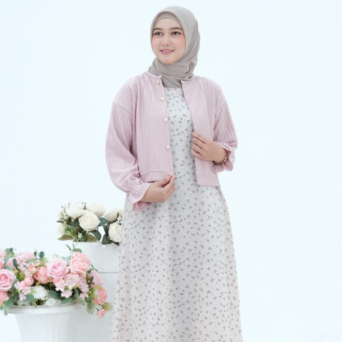 SETELAN CARDIGAN KNIT HORNET + OVERALL DRES MOTIF BUNGA  KOREAN STYLE | COMBO ONE SET PAKAIAN WANITA
