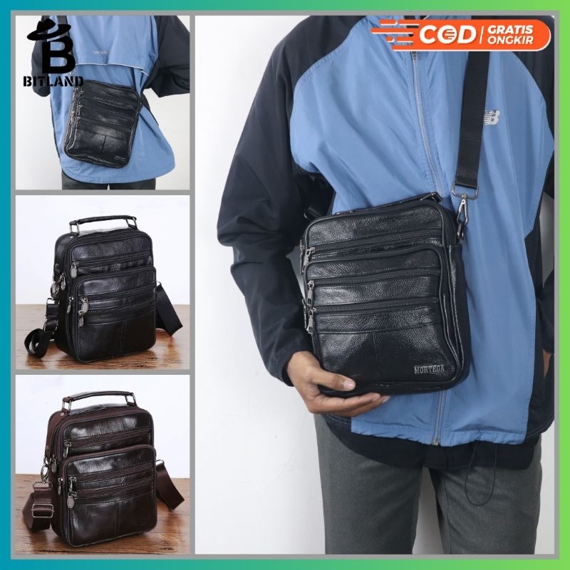 MORTEGA Tas Selempang Bahu Kulit Asli Pria Model Kotak | Tas Kulit Pria Kantoran-SLL-9228