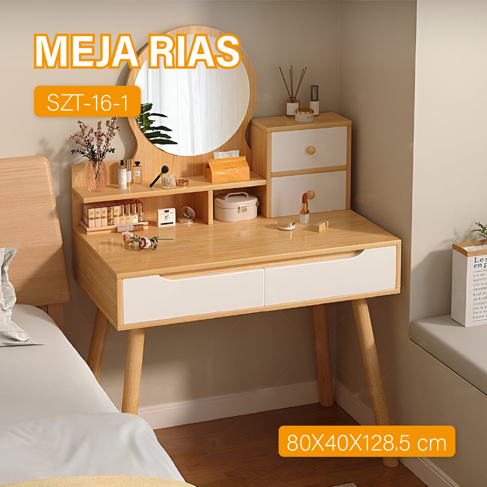 Meja Rias Kayu Meja Rias Kaca Bulat Minimalis Meja Makeup - Wonderdekorasi
