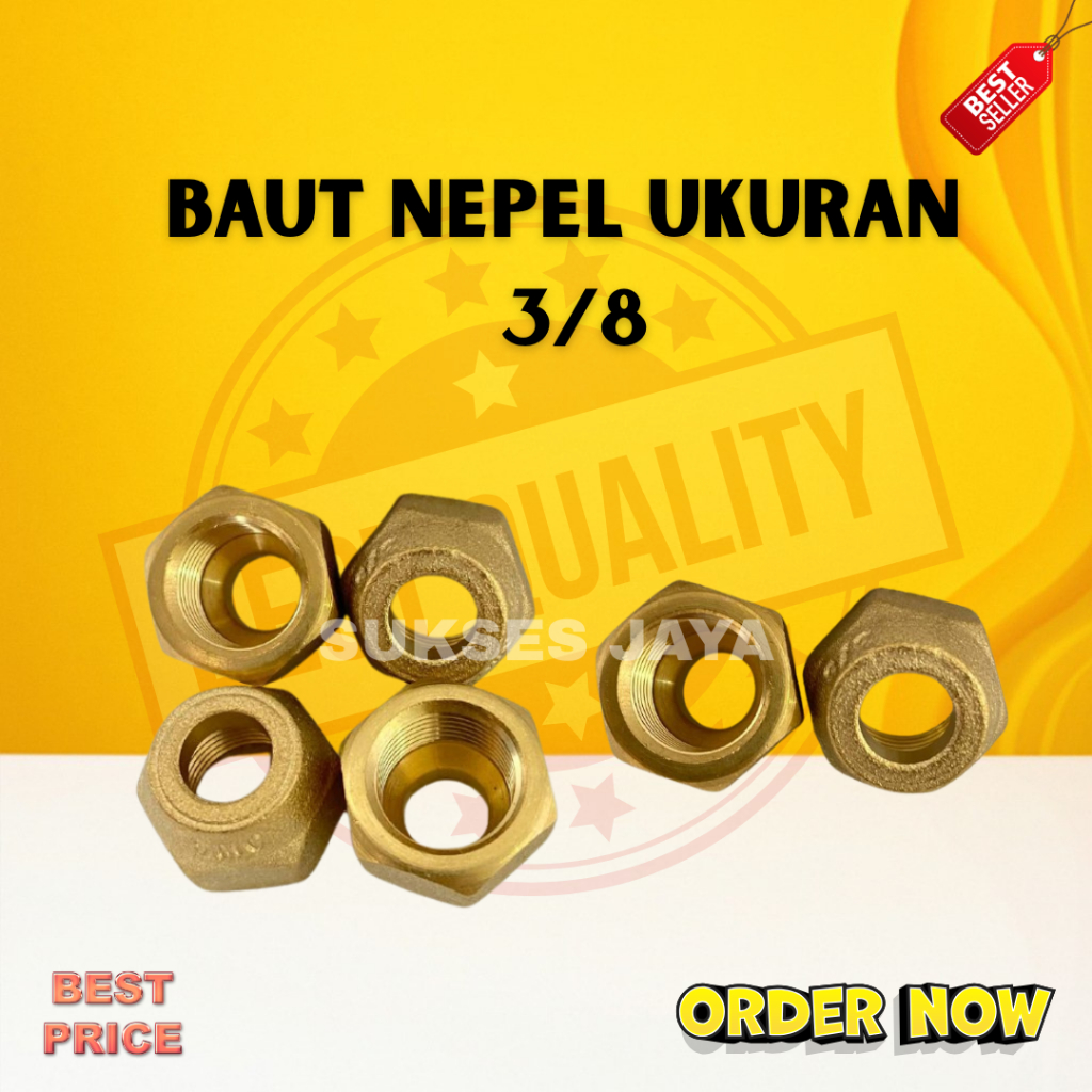 BAUT NEPEL 3/8 INCH KUNINGAN / SAMBUNGAN PIPA AIR / ANGIN / KOMPRESOR TAHAN KARAT