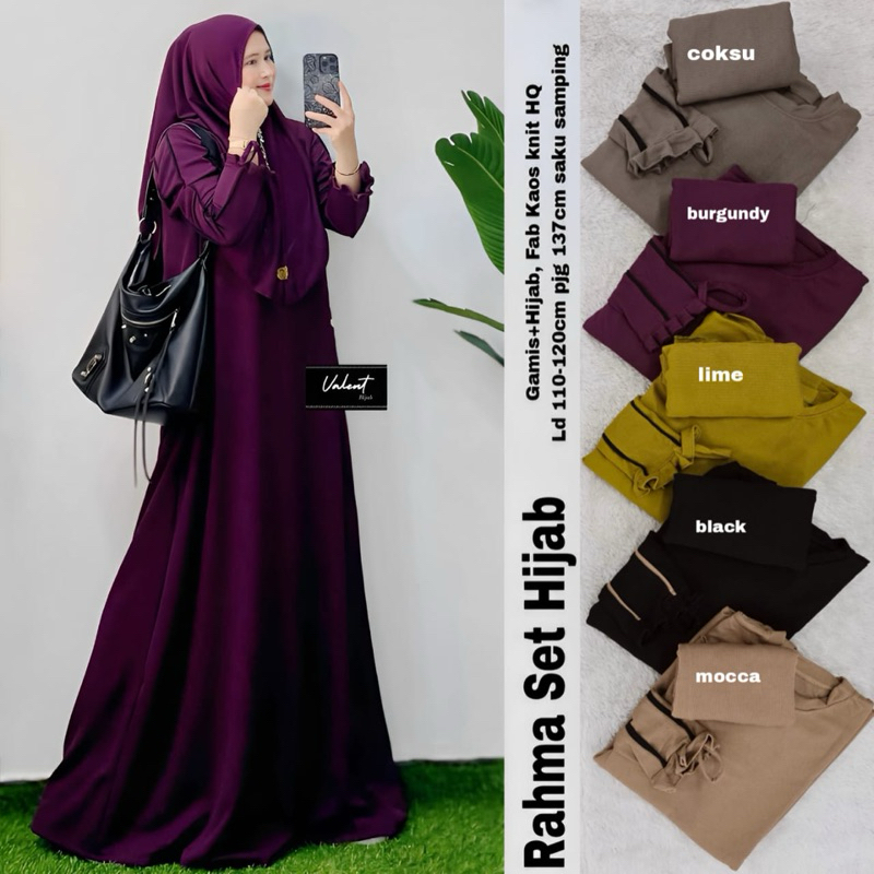 Rahma Setelan Gamis Jilbab Polos Kombinasi List Tebal Stretch