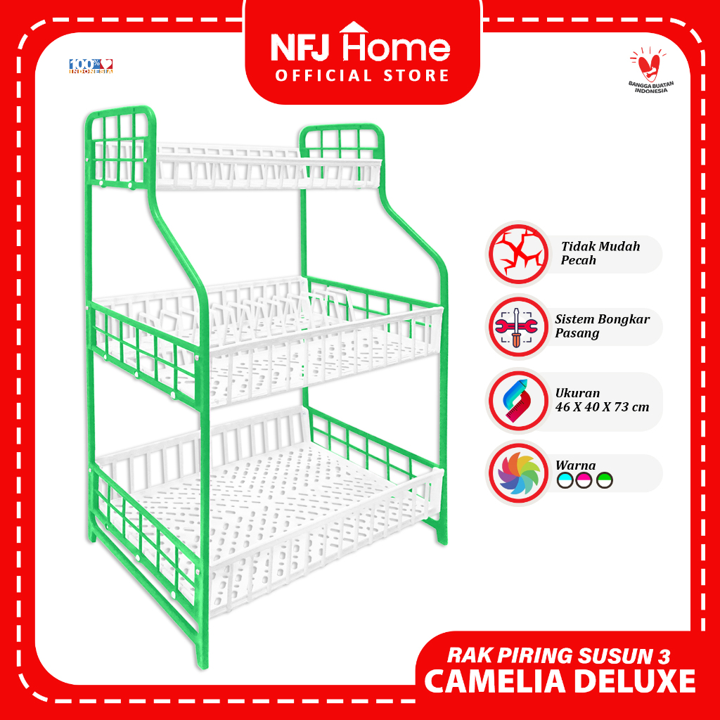 NFJ Rak Piring Camelia Susun 3 Deluxe - Rak Piring Plastik/ Rak Dapur Serbaguna / Rak Wastafel