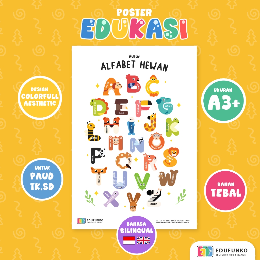 Poster Edukasi Anak | Poster Huruf Alfabet Hewan | Huruf ABC Untuk Belajar Anak PAUD TK SD