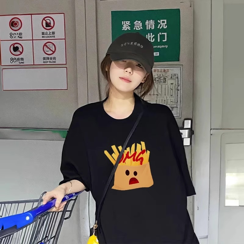 Kentang goreng hitam dicetak kaos wanita lengan pendek ukuran kecil ukuran besar siswa leher bulat k