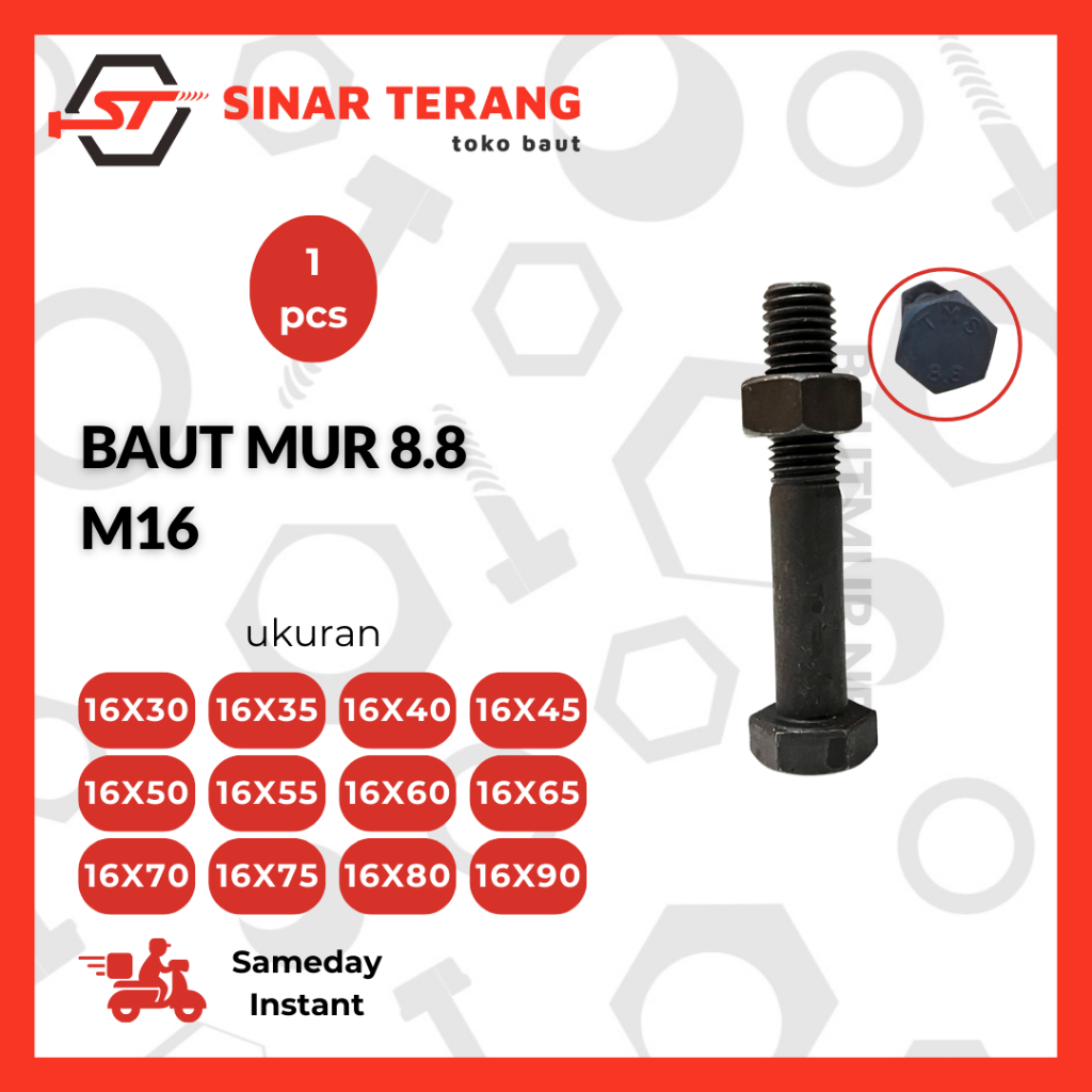 Baut Dan Mur Baja Hitam 8.8 M16 30MM - 90MM - Baut Hitam Kunci 21 - Baut HTB - High Tensile Bolt - B