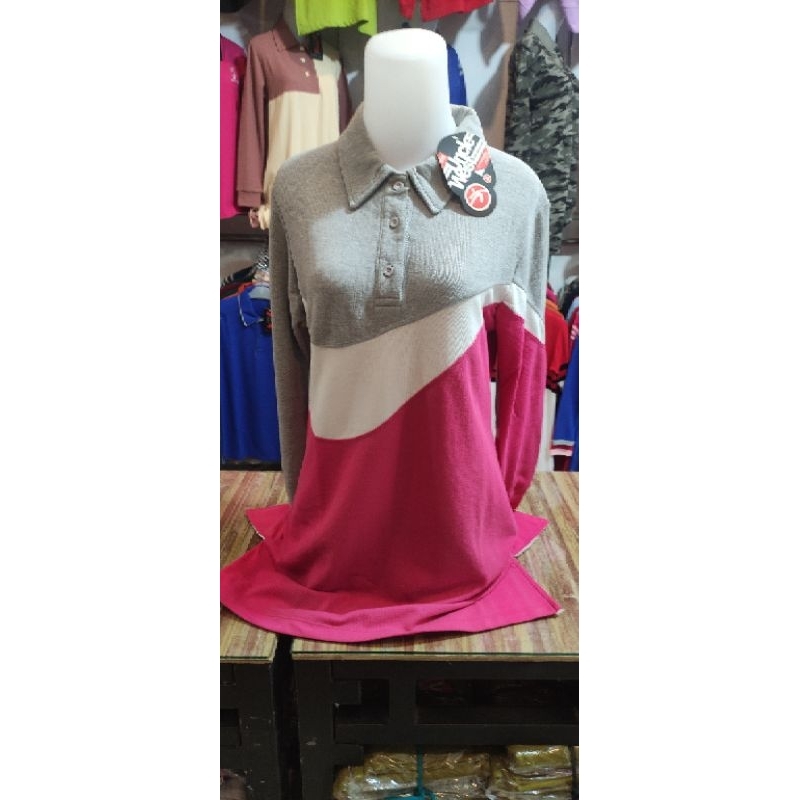 Baju Olah Raga Wanita Lengan Panjang Tunik Krah Kombinasi Pink, putih, Abu2
