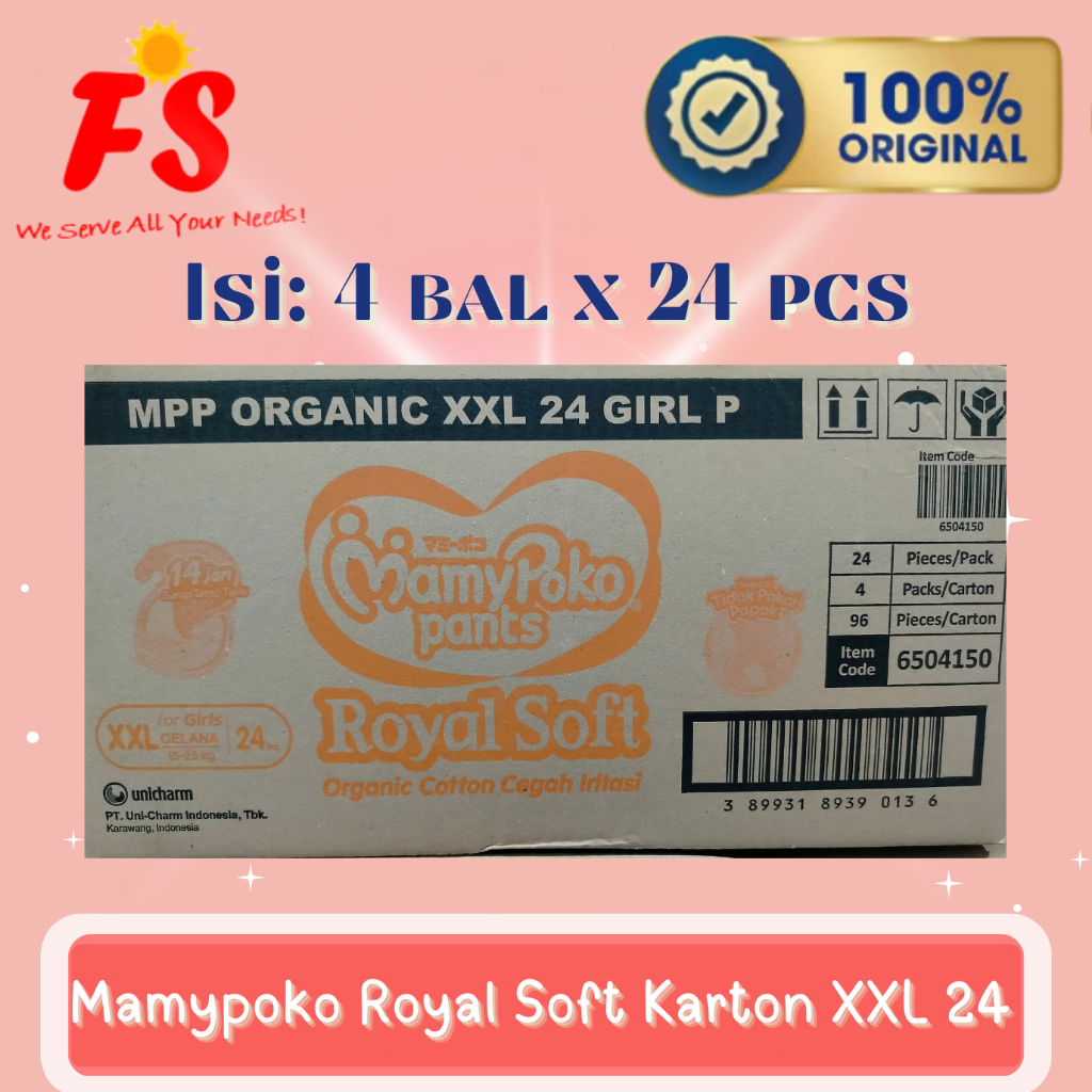 1 KARTON (4 Bal) MAMYPOKO ROYAL SOFT PANTS Ukuran XXL Isi 24 Boy & Girl (Total 136 Pcs) RB6