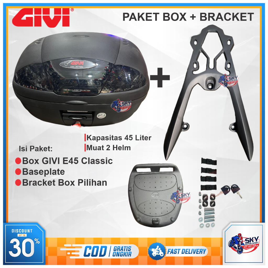 Paket Box + Bracket GIVI E45 CLASSIC Nmax Vario Pcx Adv Xmax Verza Beat Scoopy Lexi Freego Mio