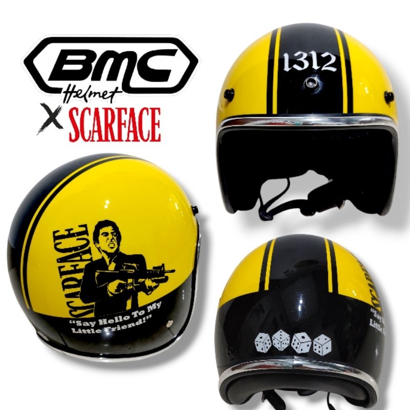 Helm Motor SNI Helm Half Face BMC Slim Head ORI Size XL Black & Yellow Glossy Chrome Helm Retro Vint