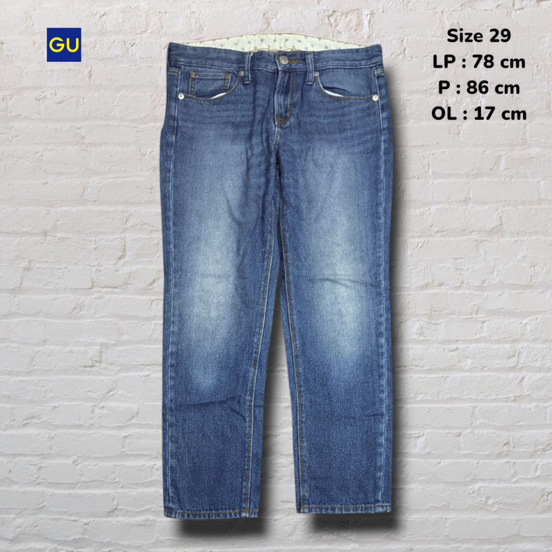 Size 29 Celana Panjang Longpants Jeans GU Blue Washed Fading Slim Original Second Preloved #CJ764