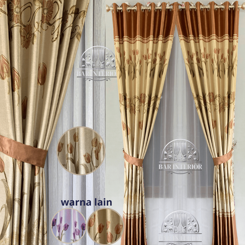 gorden jendela panjang motif bunga coklat bahan bludru bisa request ukuran