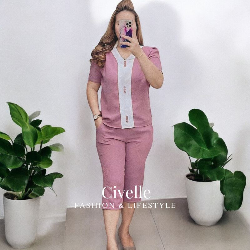 Setelan Baju dan Celana Pendek Wanita Dewasa dengan Garis Tengah Polos Katun - Motif Terbaru Onset N