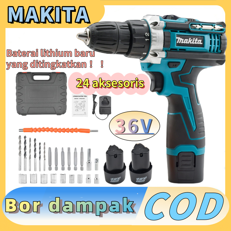 MAKITA Mesin Bor Listrik 36V bor brushless bor impact Mesin Bor Baterai Tangan 2 Baterai Cordless bo