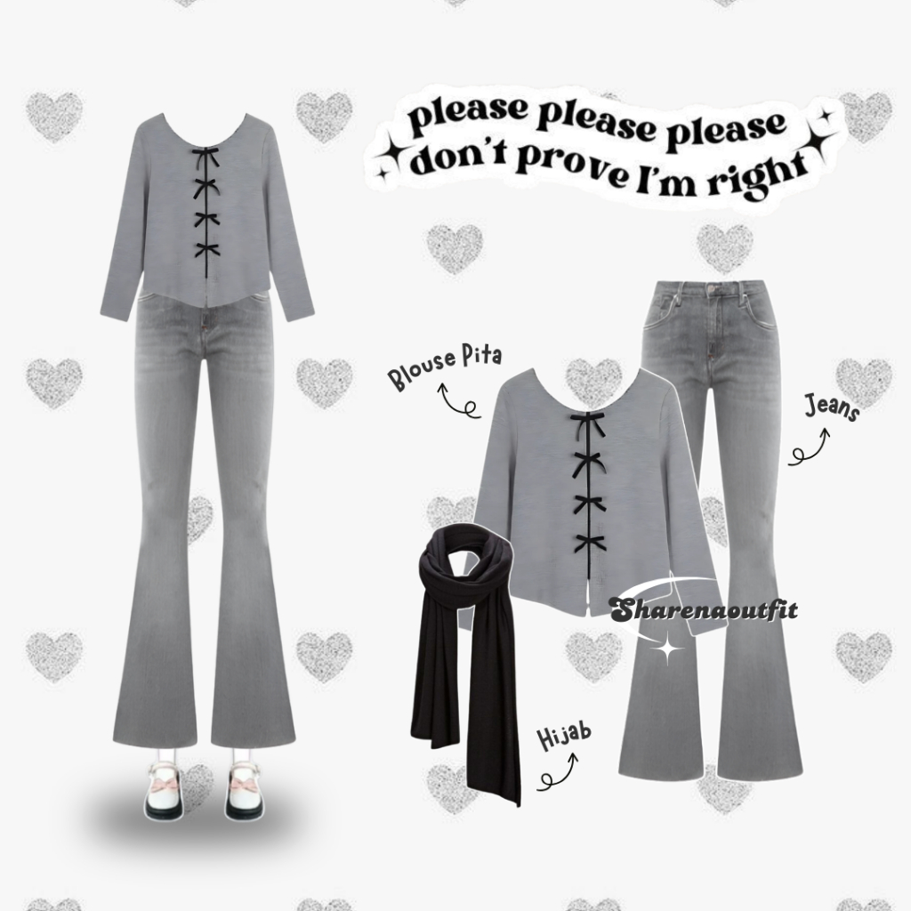 One Set Hijab Wanita Kekinian - Blouse Celana Jeans Cutbray Hijab Pashmina - SET AE232