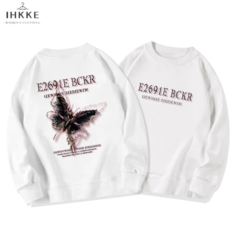 IHKKE Sweater Oversize Wanita Ngengat Cetakan Huruf Kupu-kupu Putih Switer Wanita Korean Style Cewek