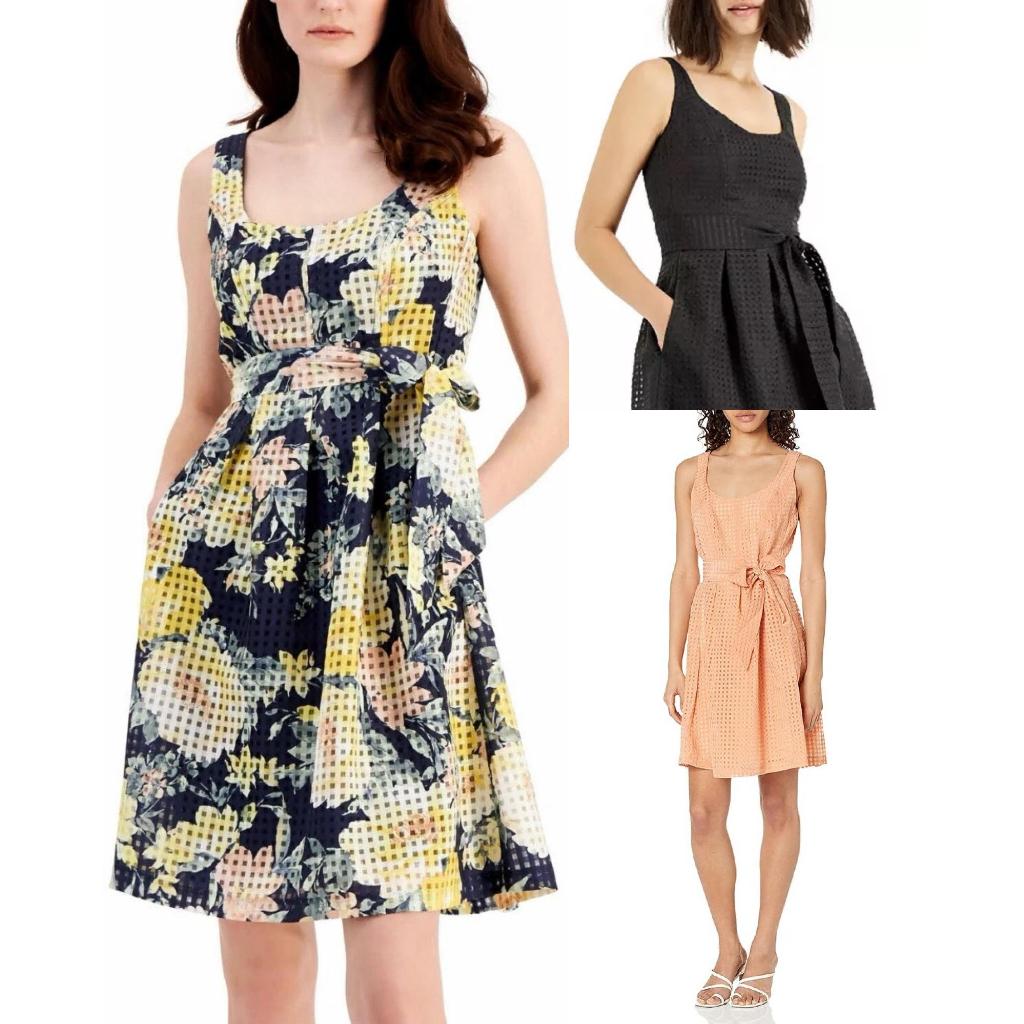 Anne Klein Women's Square Neck Topstitch Dress with Pleats (No Belt) - 7519