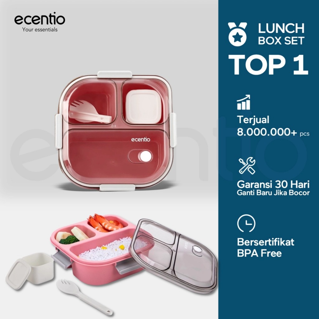 【Live Exclusive】ecentio  kotak bekal anti tumpah tumpah 3 grid 1100ml Kotak makan wadah bekal anti t