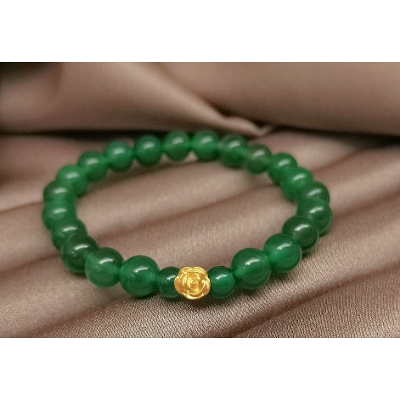 Gelang Emas Asli Mawar 24K Hongkong 999% Karet Batu Giok