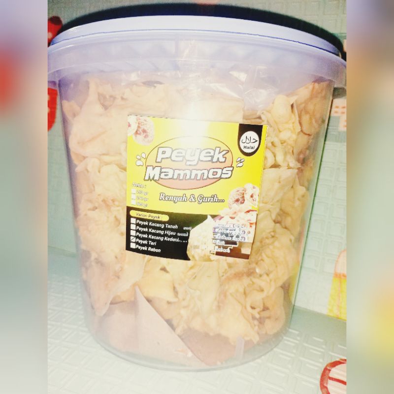 

Peyek kacang tanah, peyek kacang hijau, peyek teri, peyek rebon, kemasan toples 5 liter, peyek mammos dengan cita rasa yang gurih dan renyah