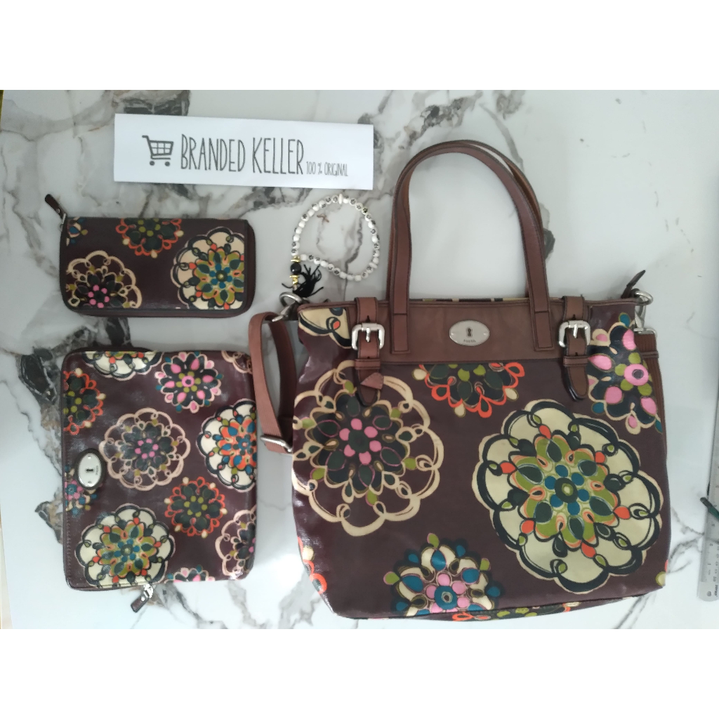 Tas Fossil Keyper 1 set dengan dompet dan dompet kosmetik 100% Original Preloved