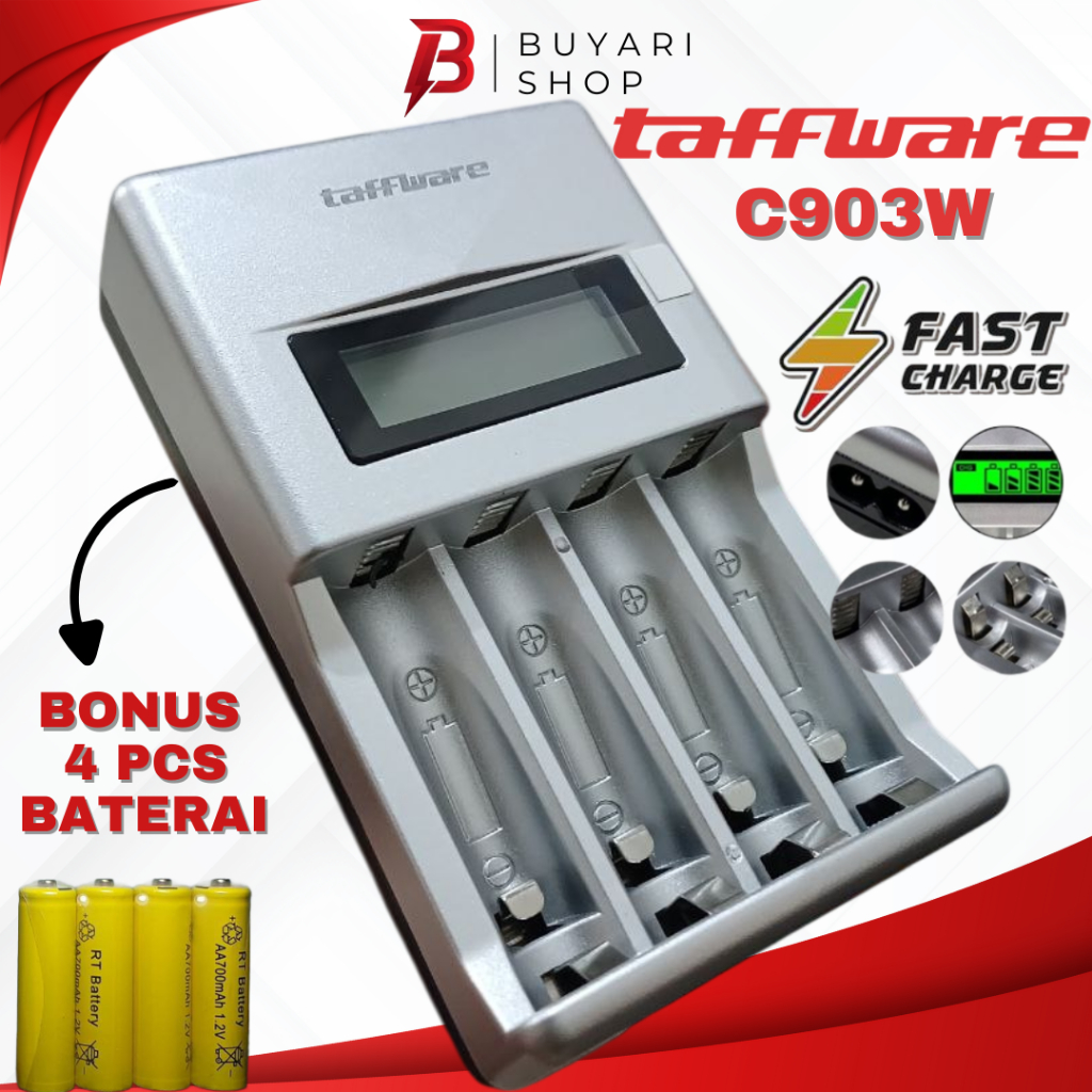 [BISA COD] Taffware Smart  Intelligent LCD 4 Slot Charger baterai AA I Charger Batre AA - Taffware C