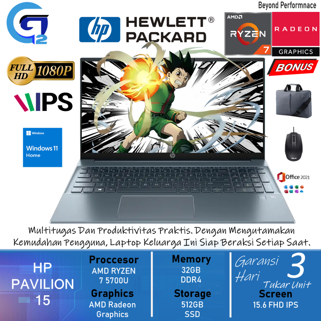 Laptop HP Pavilion 15 AMD Ryzen 7 5700U 8GB 512GB SSD 15.6 FHD IPS Windows 11 Home Blue Original