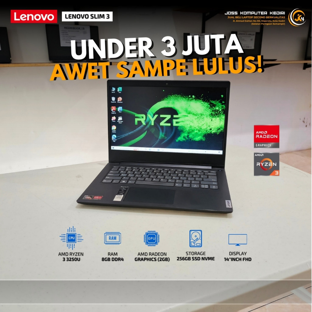 Berkualitas Second LENOVO SLIM 3 - AMD Ryzen 3 - RAM 8GB/ SSD 256GB NVMe Termurah