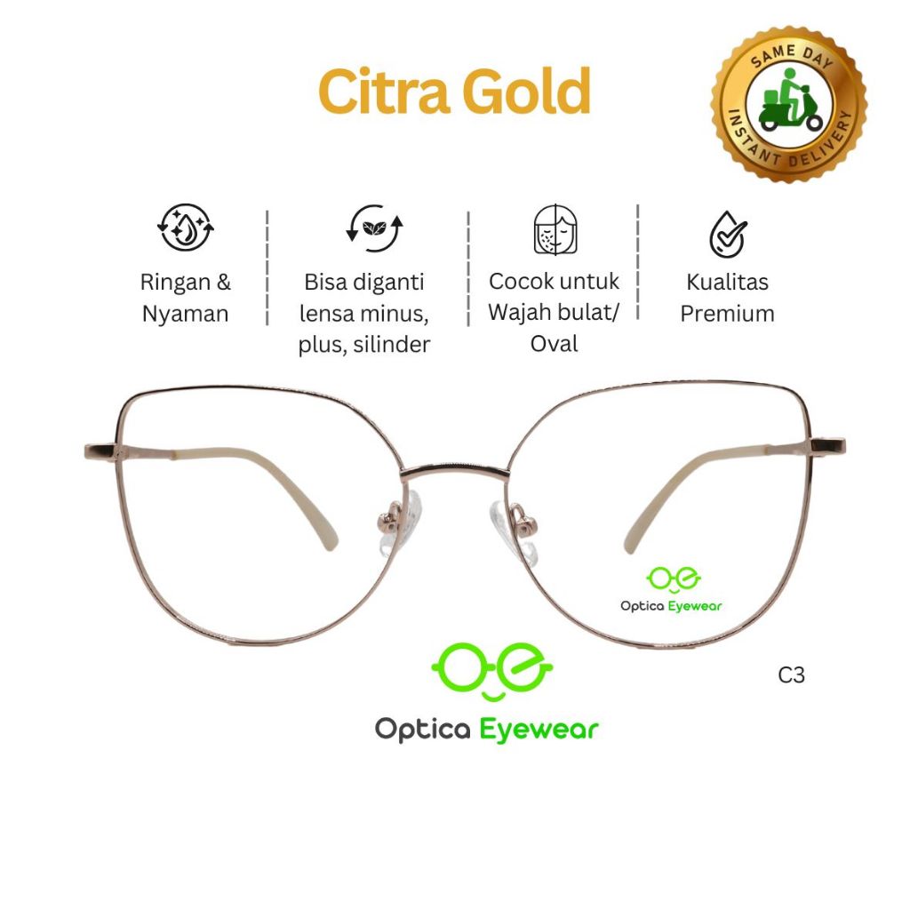 Promo Frame Kacamata Cat Eyes Kode Citra Gold C3, Lensa minus, plus, silinder, progresif, kualitas o