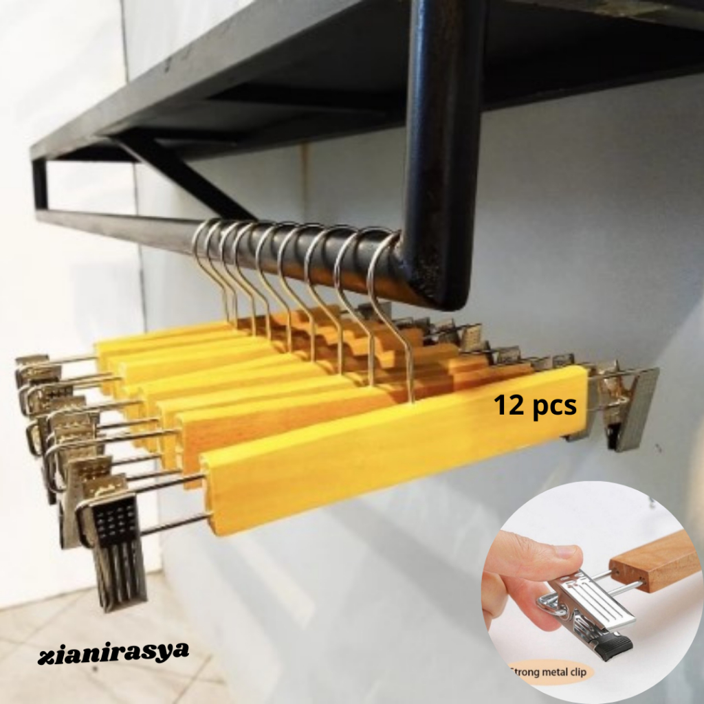 Hanger kayu jepit Besi / Hanger kayu celana / Hanger display Kayu 1 Lusin
