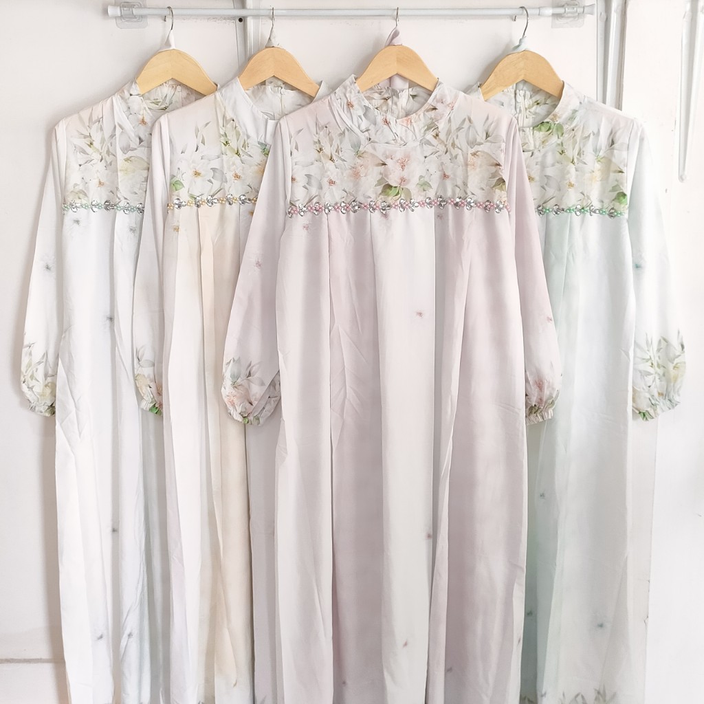 Gamis silk Armani motif kombinasi mutiara/dress silk motif