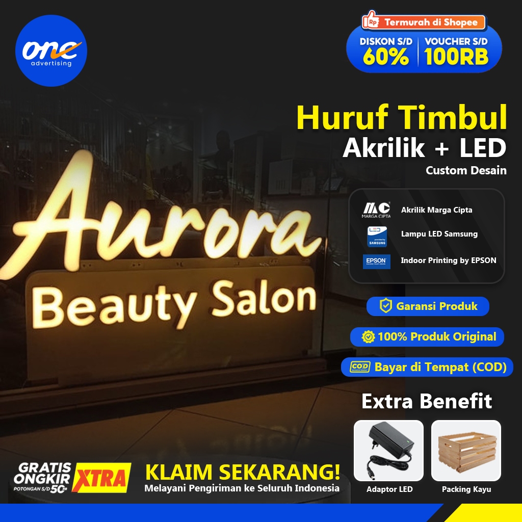 Huruf Timbul Akrilik Outdoor & Indoor Custom Desain + Lampu LED Premium
