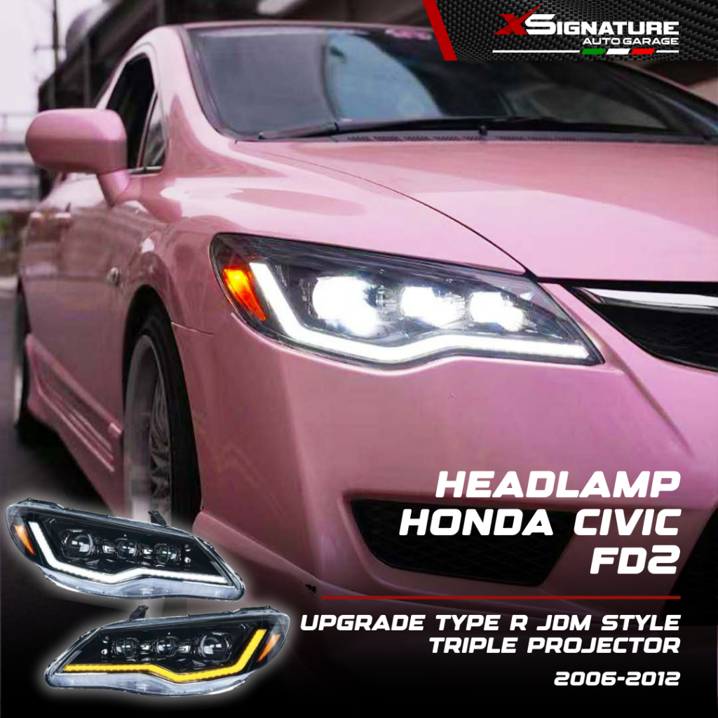 HEADLAMP HONDA CIVIC FD FD2 (2006-2012) UPGRADE TYPE R JDM STYLE TRIPLE PROJECTOR BI-LED BLACK HOUSI