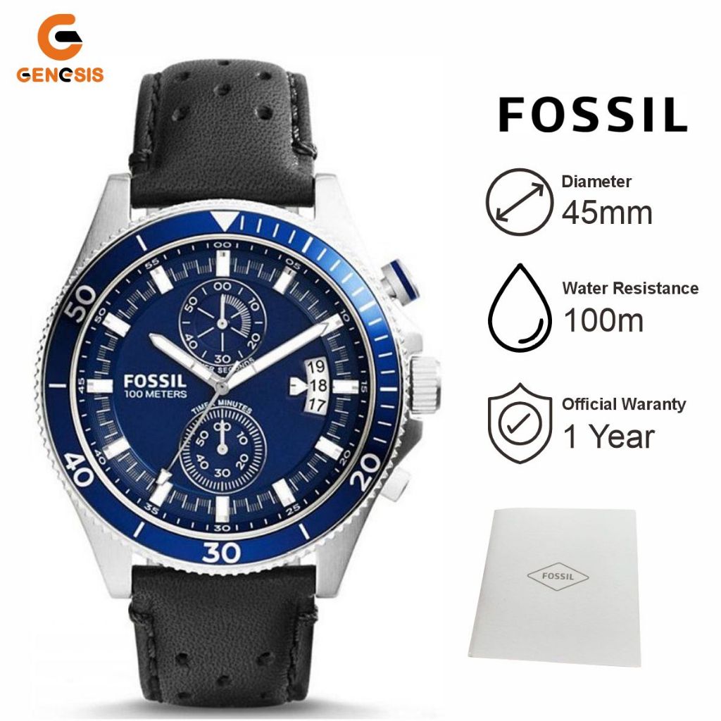 Jam Tangan Pria Fossil CH2945 Chronograph Blue Dial Black Leather Strap