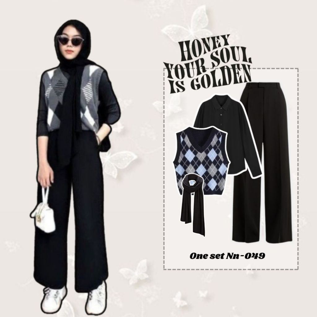 Wnd99 - One Set Simple Setelan Wanita (Kemeja Basic+Vest Diamond+Celana Kulot+Hijab) Outfit Remaja K