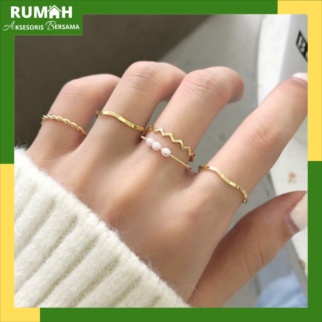 RAB CC667 Cincin Perak Gold Wanita Isi 5 pcs Model Korea Aksesoris Fashion Cantik Elegan