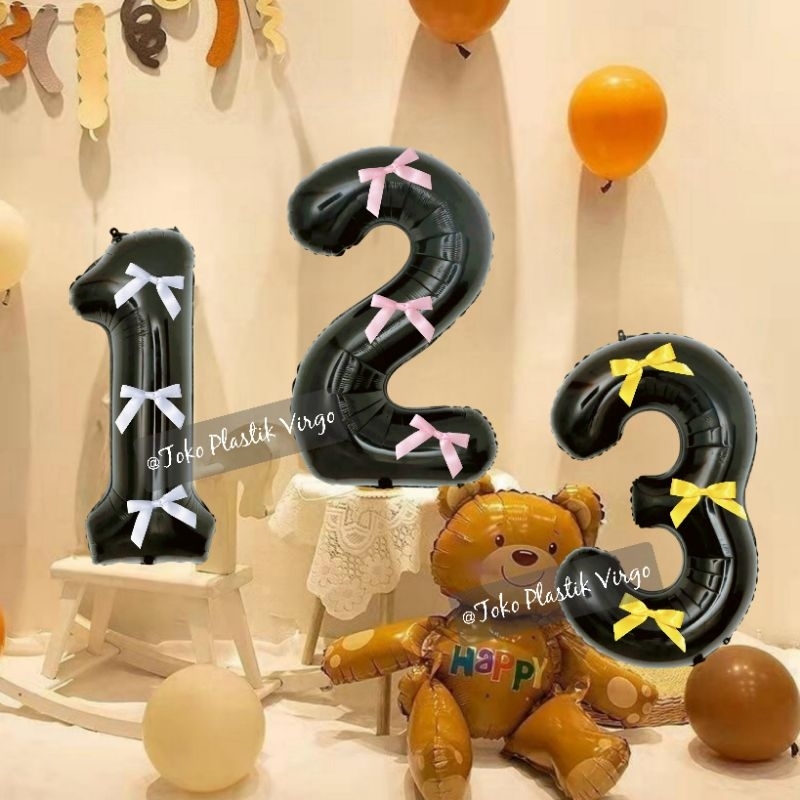 Paket Balon Foil Angka HITAM + Pita Coquette Pink | Biru | Merah | Putih | DLL.