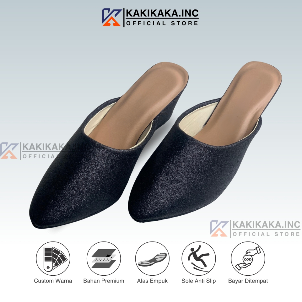 Wedding Shoes Selop Pengantin Wanita Glitter Wedges Tinggi 5cm Warna Hitam, Silver, Emas