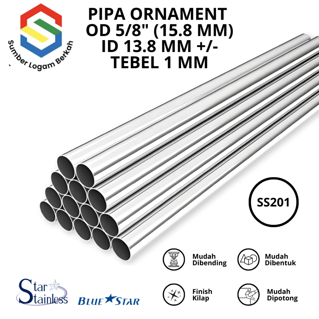 Pipa 5/8" (15.8 MM) stainless steel 201 tebel 1 mm