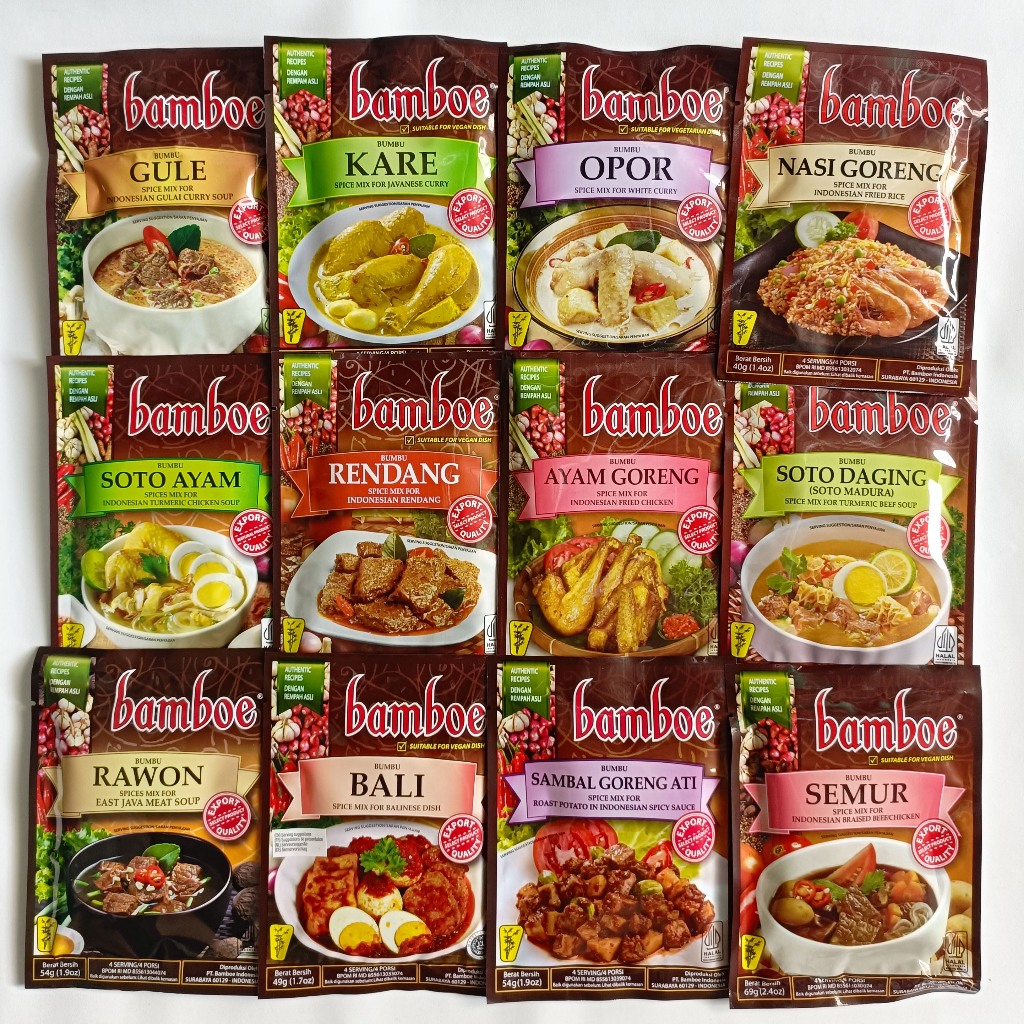 

Bamboe Bumbu Masak Instan Dapur Semua Varian Rasa Nasi Goreng Rawon Rendang Lodeh Balado Soto Gule Opor Kare Semur Rica Sop Empal Uduk Liwet Bali Kalasan Rujak Krengsengan Bakso Sayur Asem Ati Tongseng Soto Daging Betawi Tahu Campur Nasi Kuning Mie Goreng