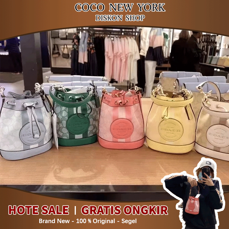 【100% Original】New COACH Mini Dempsey Tote Bucket Bag Sampanye Bucket Bag In Signature Jacquard With