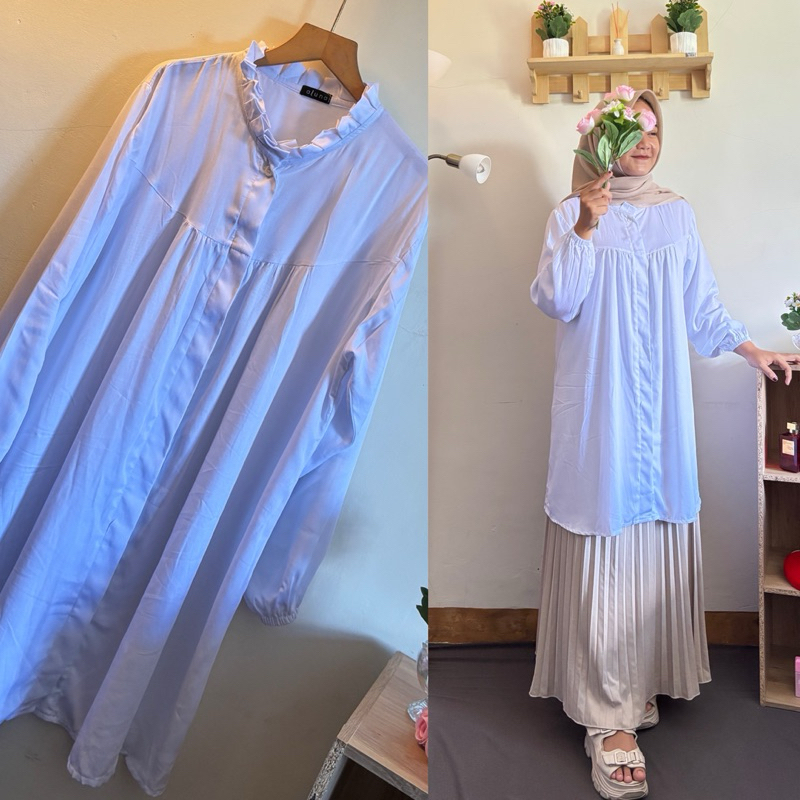 Tunik Putih Lengan Panjang Rayon Twill Premium Polos Tebal/Atasan Tunik Polos