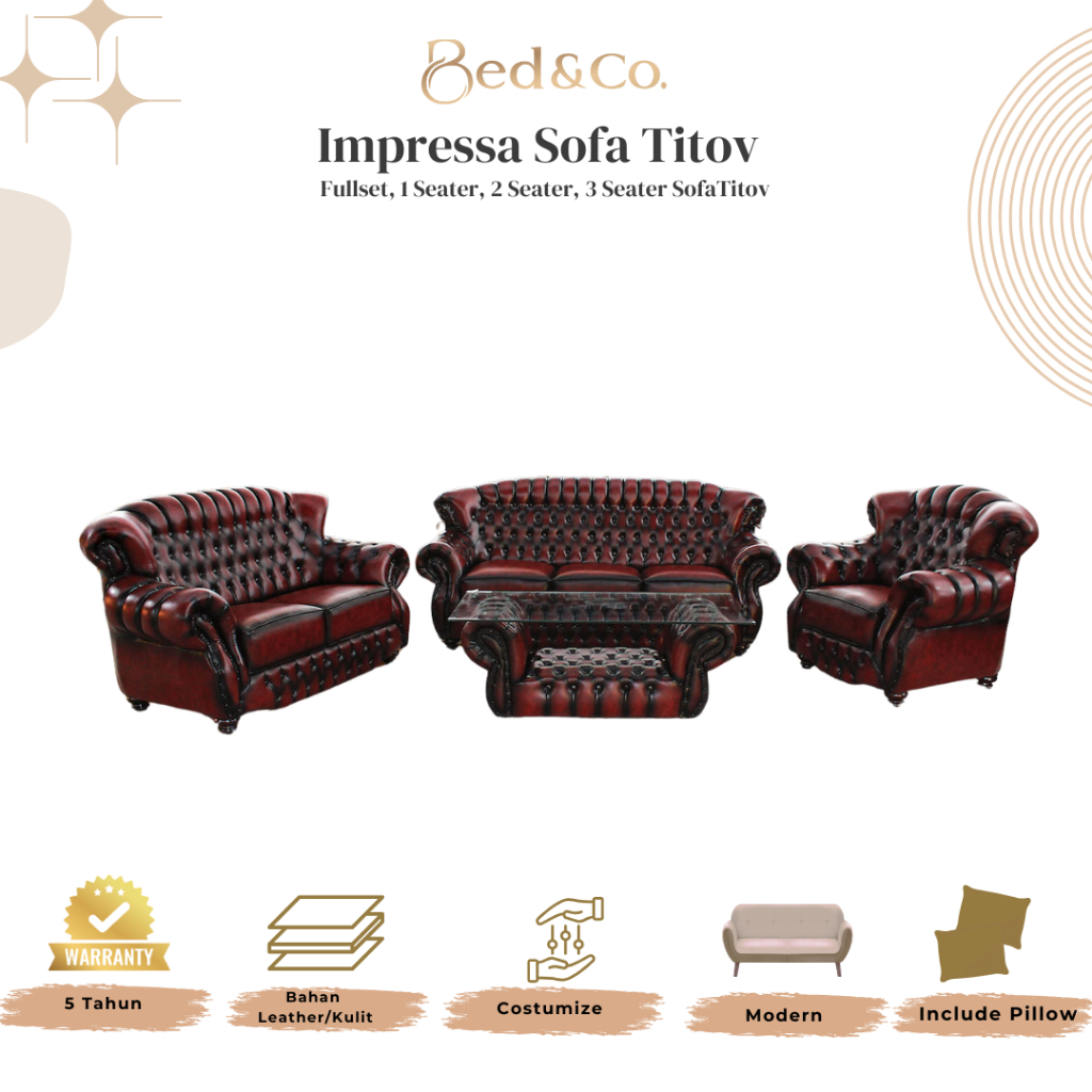 TITOV Sofa Tamu Kulit 321 Bonus Meja Tamu Kaca - Sofa Kulit - Sofa 321 - Sofa Tamu Impressa